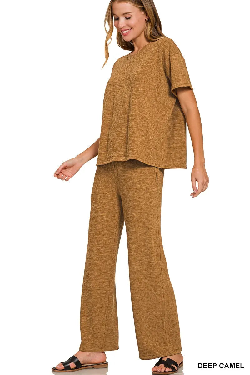 Zenana Slub Short Sleeve T-Shirt and Pants Set
