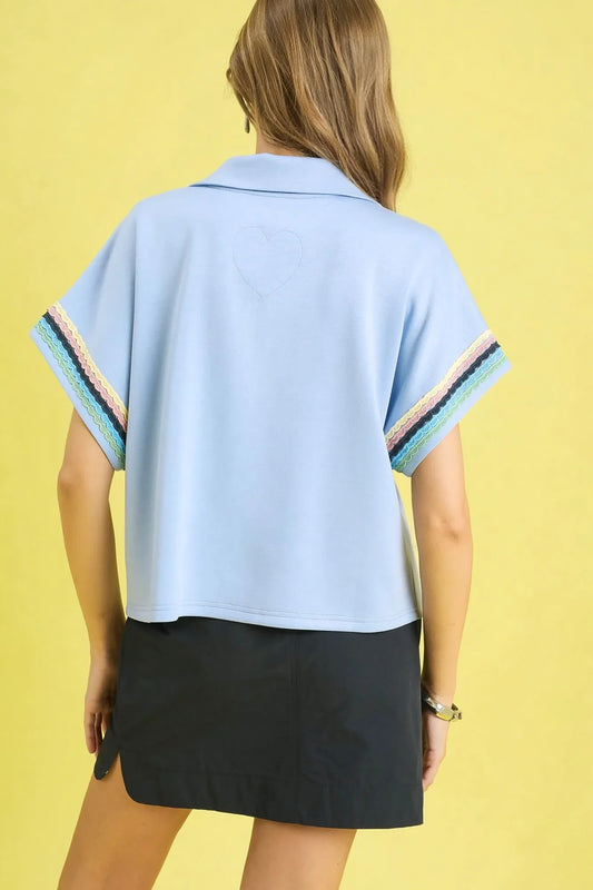 Umgee Contrast Trim Half Zip Collared Blouse