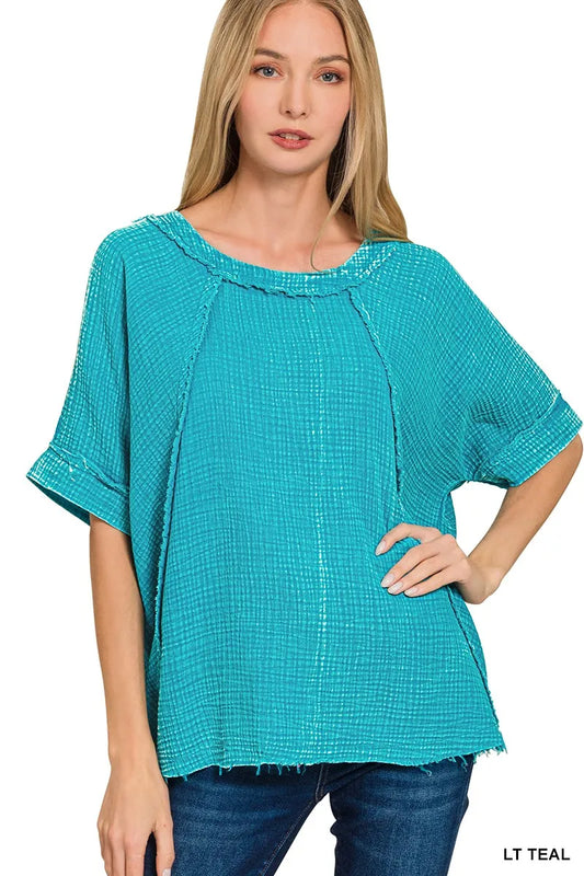 Zenana Washed Double Gauze Exposed Seam Short Sleeve Top
