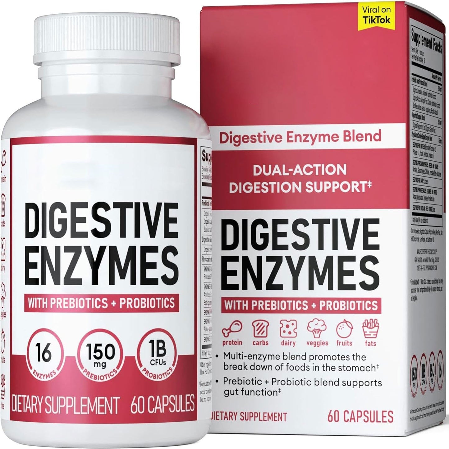 Digestive Enzymes With Prebiotics & Probiotics - 16-in-1 Multi-Enzyme Blend, 1 Billion CFU Probiotics, Supports Food Breakdown, Bloating Relief & Gut Function, 60 Capsules