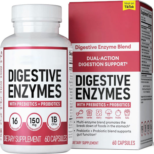 Digestive Enzymes With Prebiotics & Probiotics - 16-in-1 Multi-Enzyme Blend, 1 Billion CFU Probiotics, Supports Food Breakdown, Bloating Relief & Gut Function, 60 Capsules