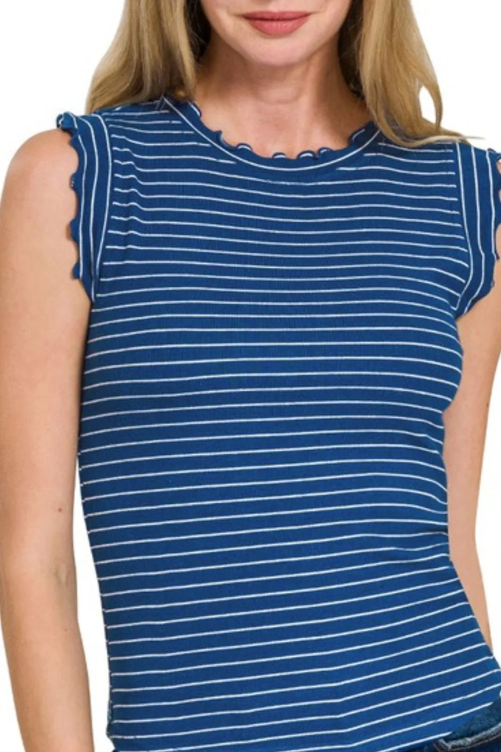Zenana Ribbed Ruffle Trim Sleeveless Stripe Top