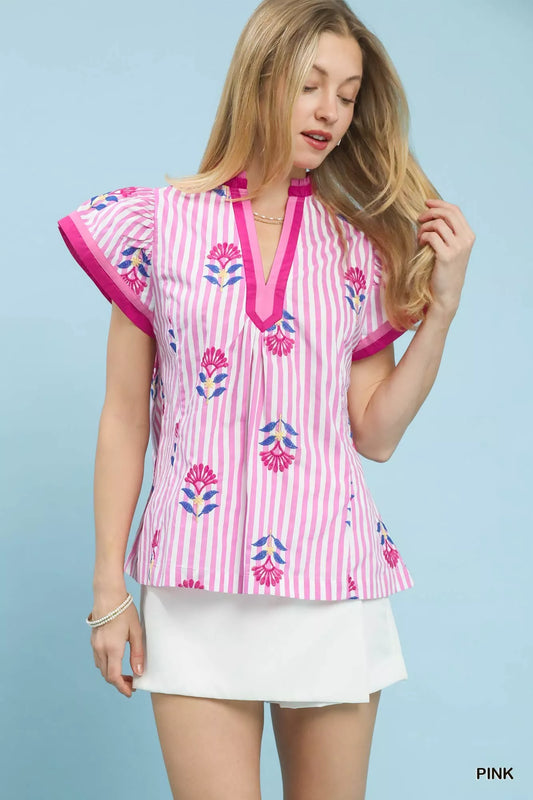 Umgee Embroidered Striped Flutter Sleeve Top