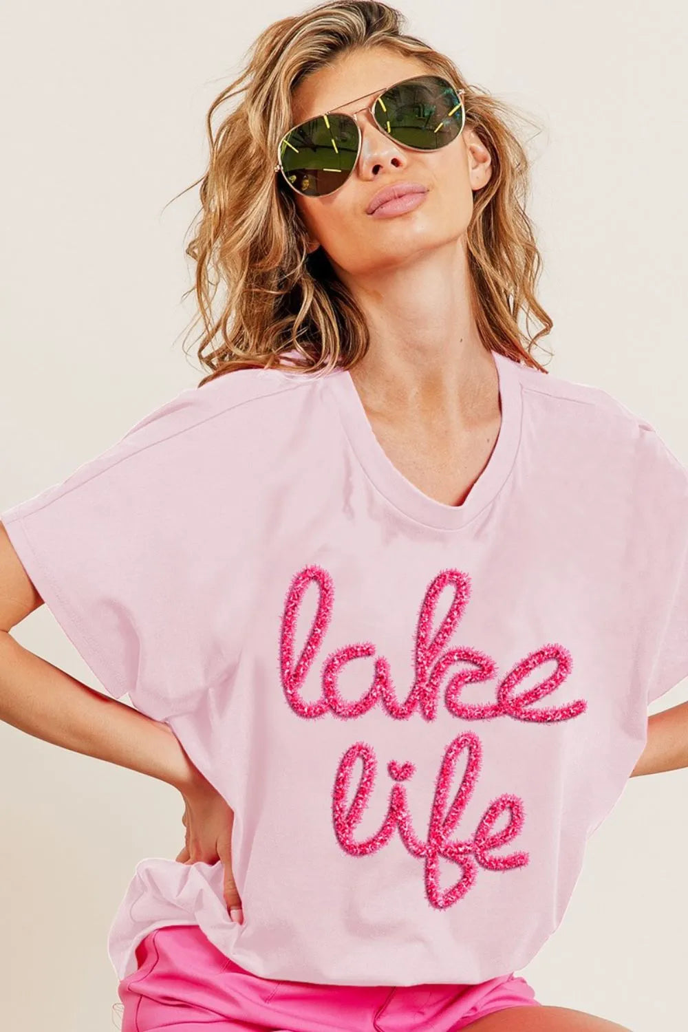 BiBi Metallic Letter Short Dolman Sleeve Top