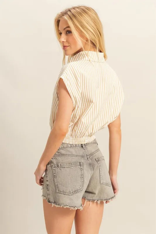 HYFVE Striped Elastic Hem Johnny Collar Cap Sleeve Blouse