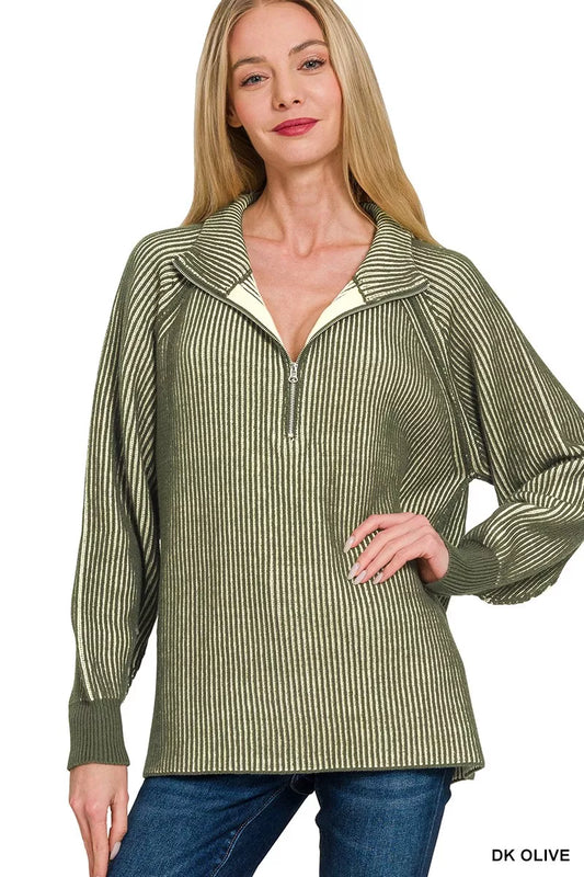 Zenana Ribbed Two Tone Half Zip Sweater