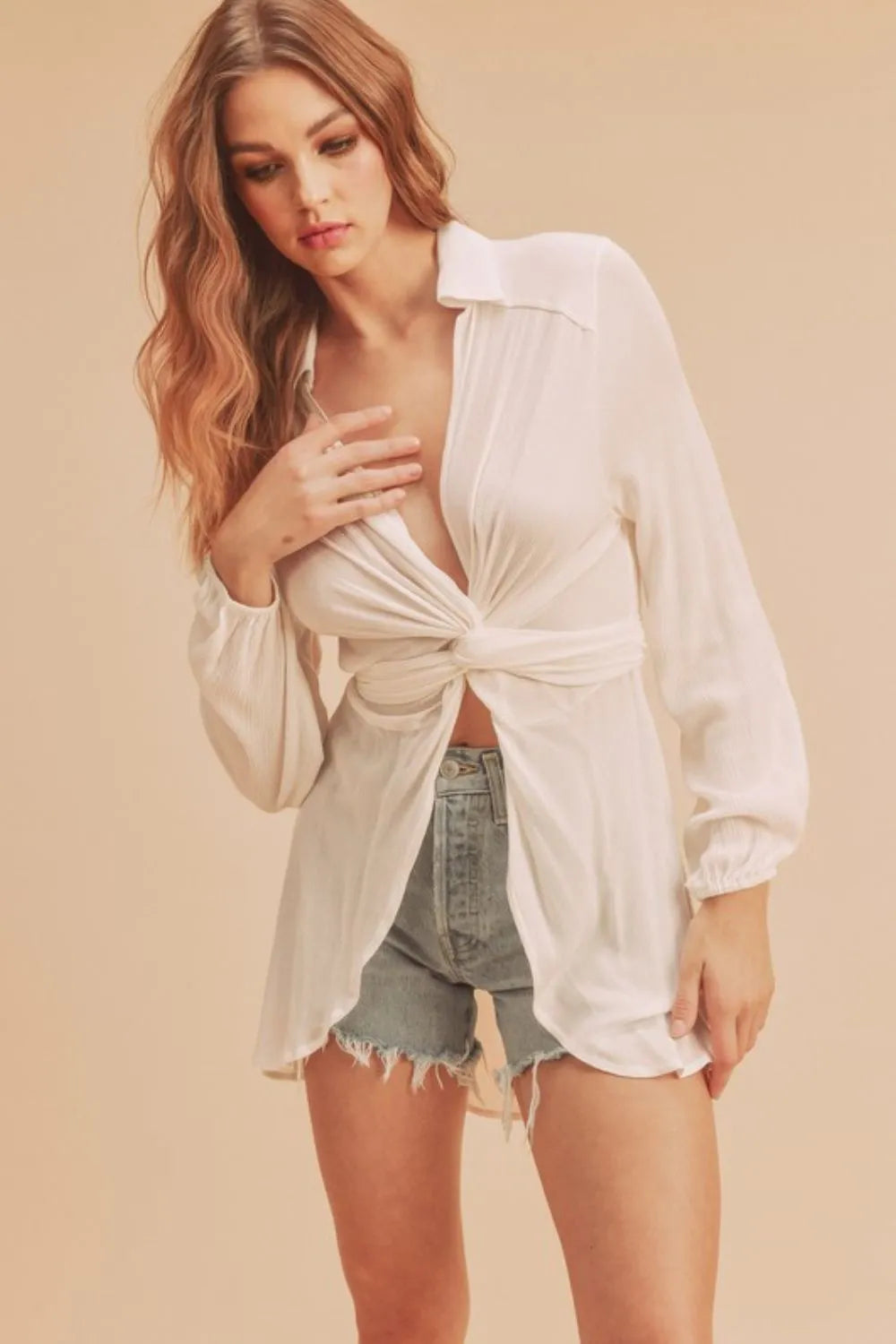 Aemi + Co Tied Collared Neck Long Sleeve Top