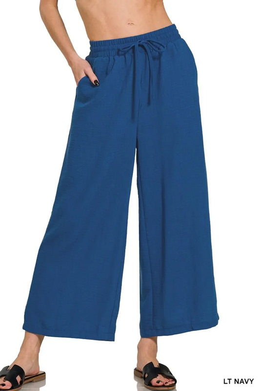 Zenana Woven Crepe Elastic Band Waist Cropped Pants