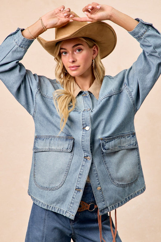 BiBi Washed Denim Jacket with Contrast Collar Detail