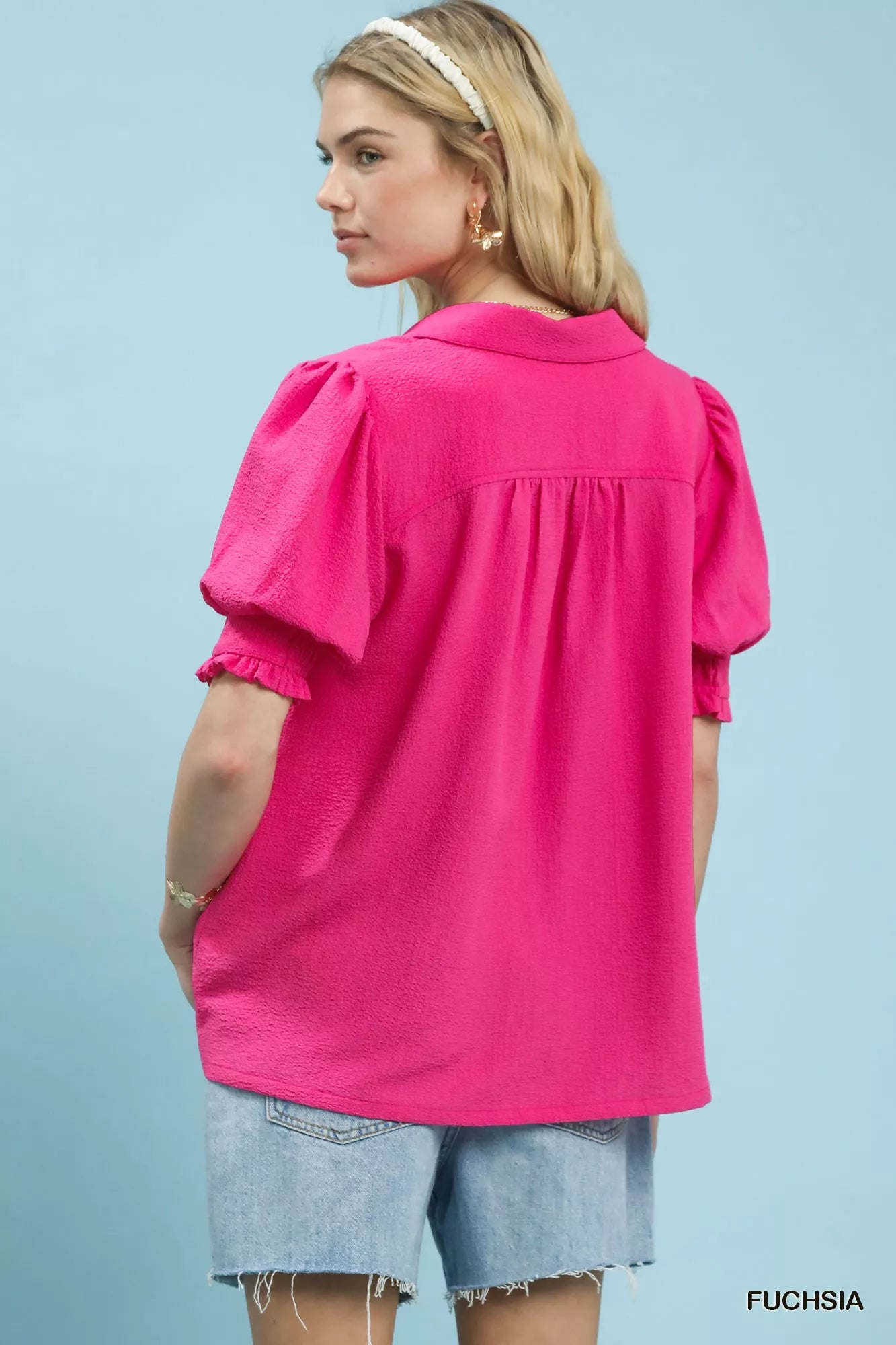 Umgee Seersucker Puff Sleeve Blouse