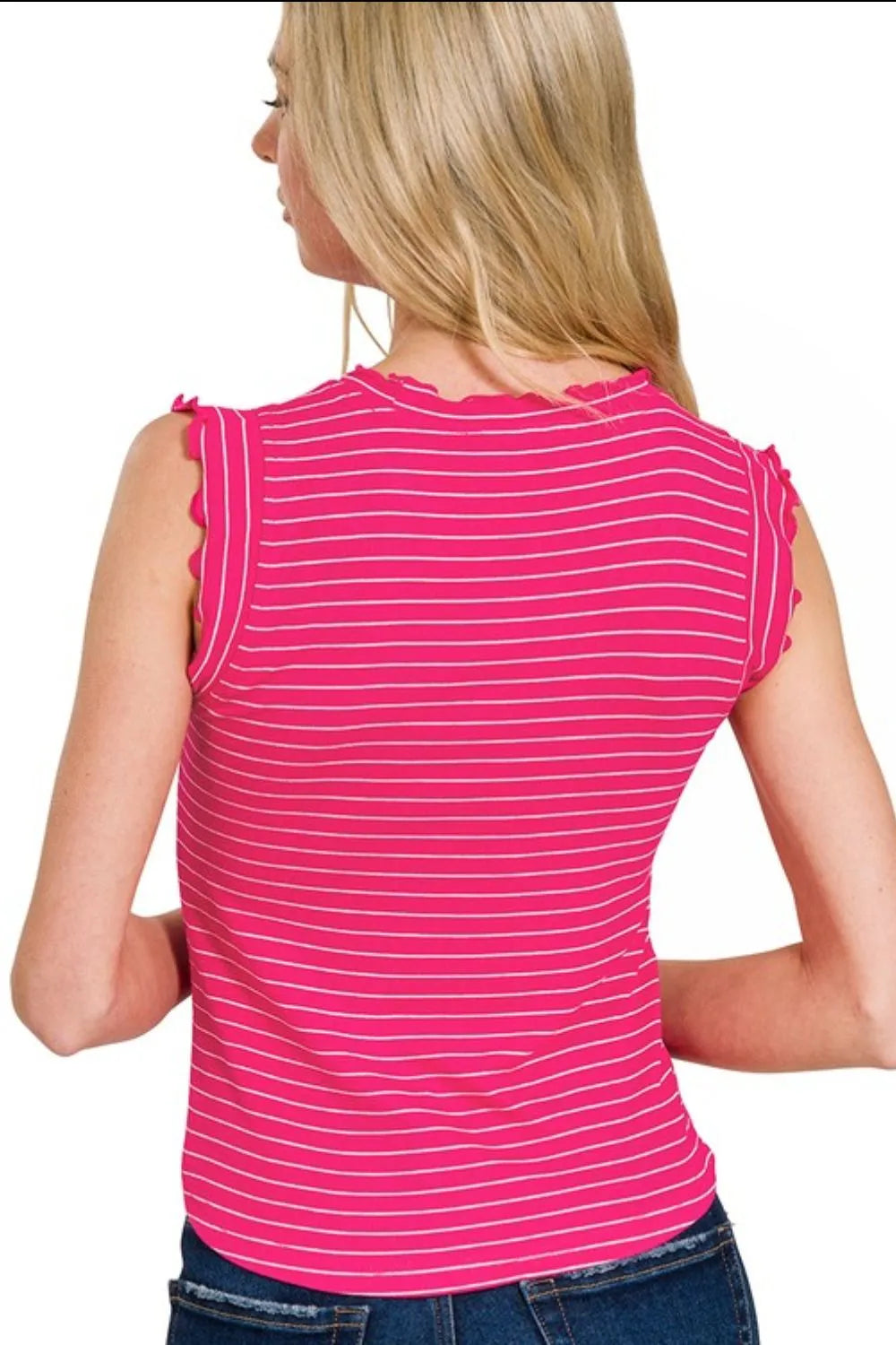 Zenana Ribbed Ruffle Trim Sleeveless Stripe Top