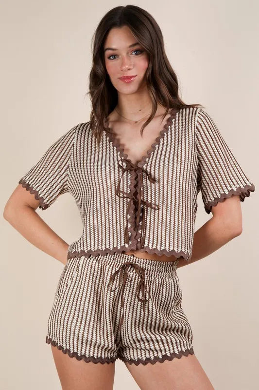 VERY J Wave Trim Detail Knit Top & Shorts Set