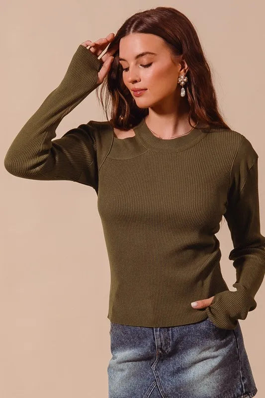 SO ME Rib Knit Top with Shoulder Cut Out