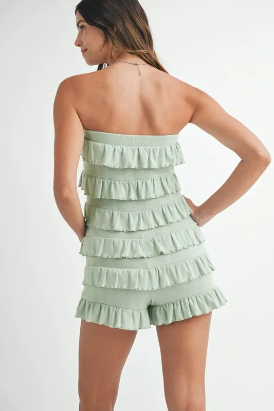 MABLE Pointelle Knit Fabric Ruffled Tube Romper