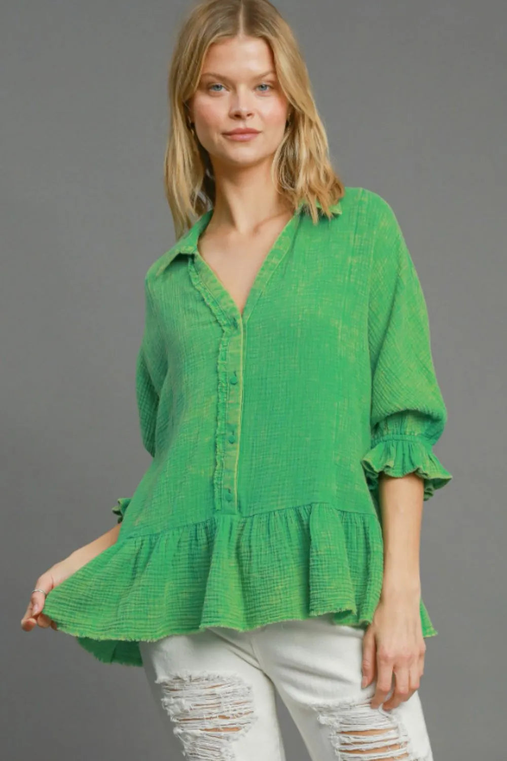 Umgee Full Size Mineral Washed Cotton Gauze Top Plus Size