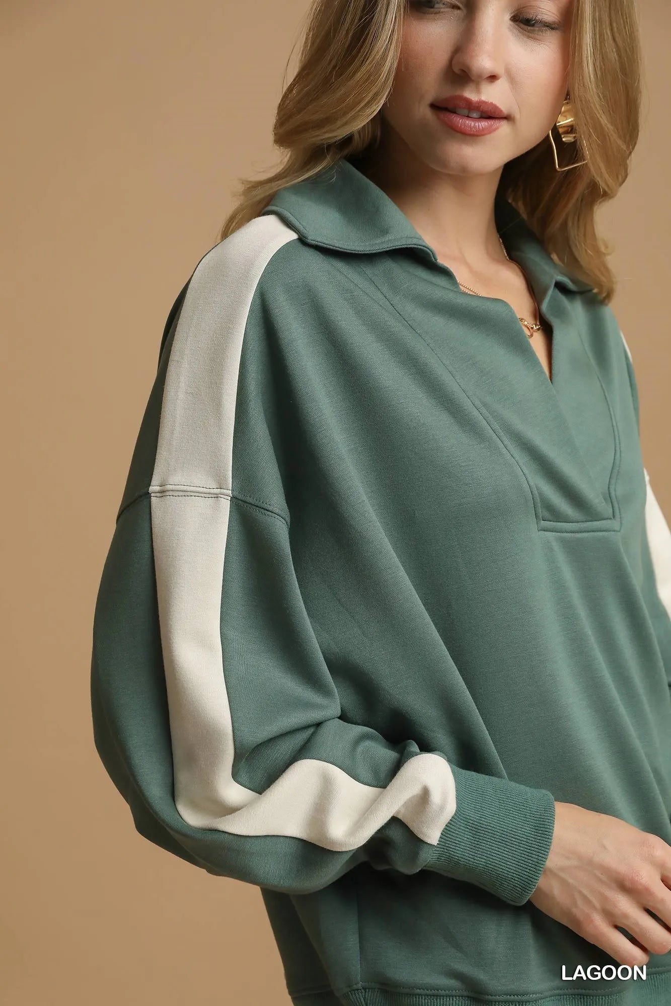 Umgee Contrast Long Sleeve Sweatshirt with Collar