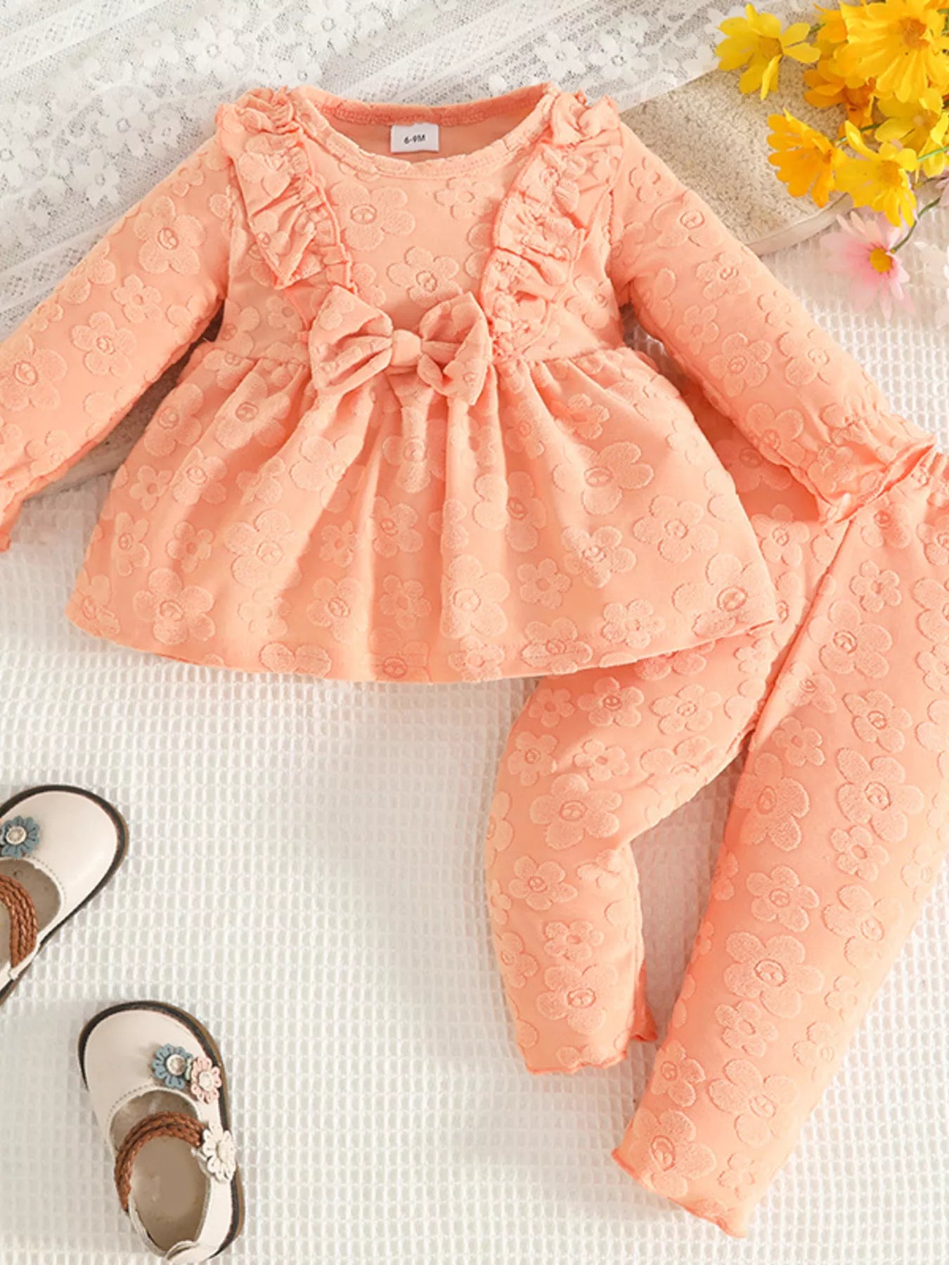 Children's Floral Embossed Ruffle Trim Top and Pants Set