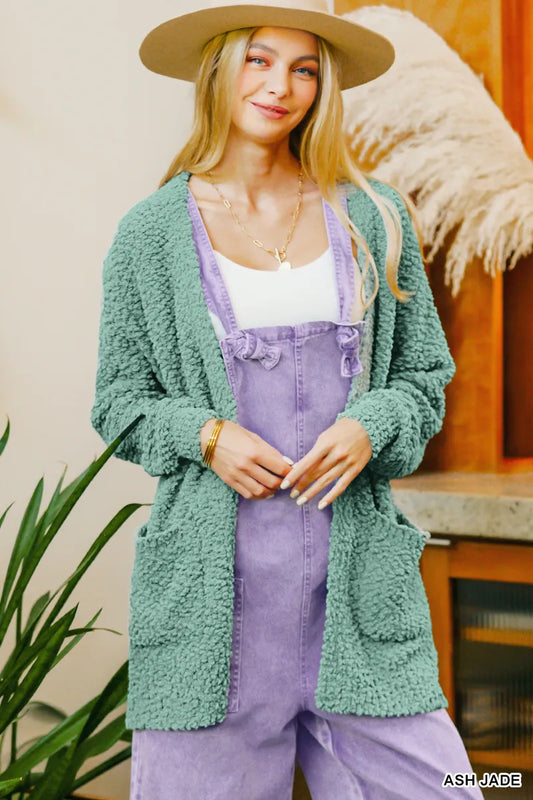 Zenana Long Sleeve Popcorn Sweater Cardigan with Pockets