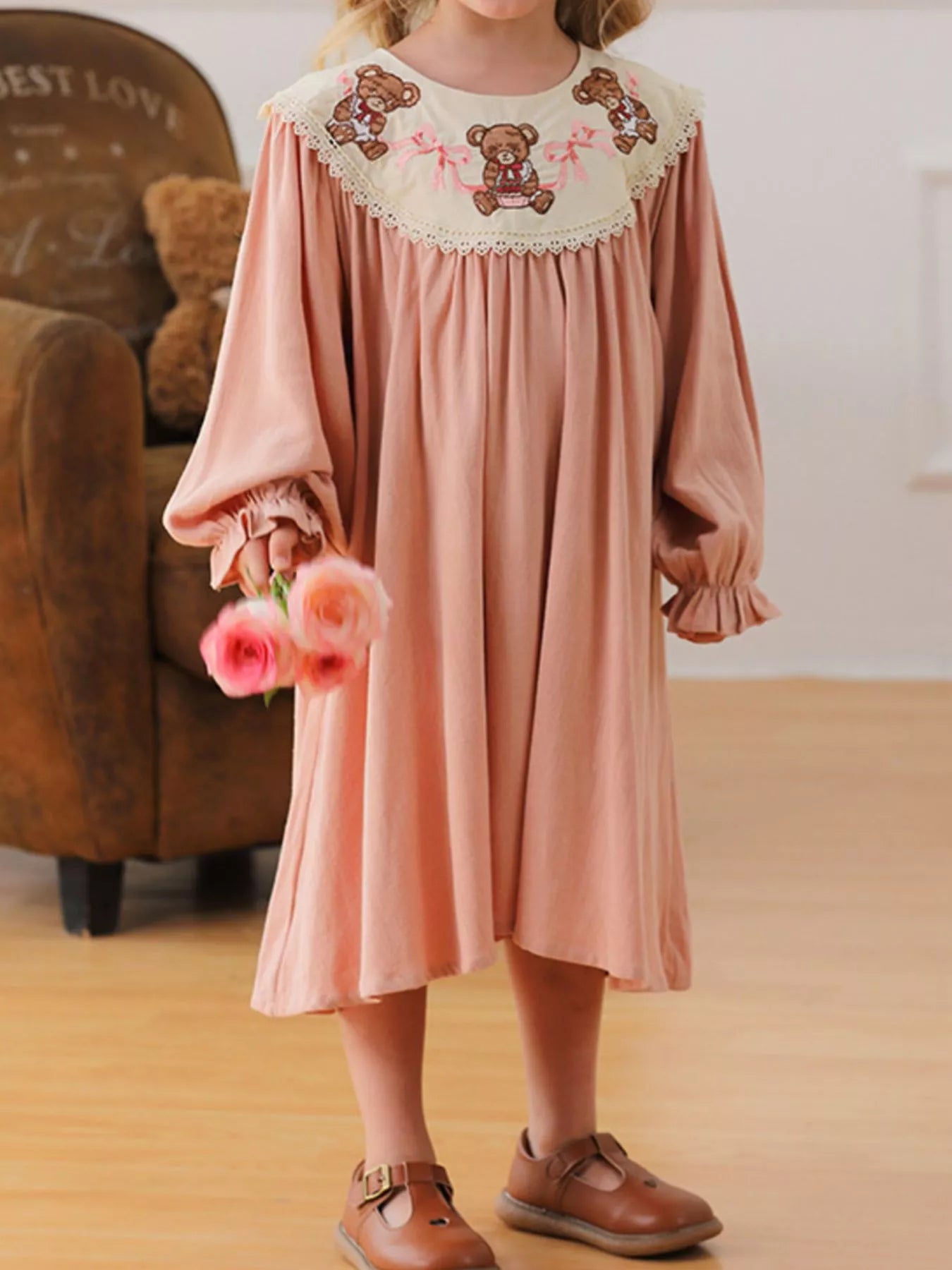 Children's Teddy Bear Embroidered Collar Long Sleeve Dress