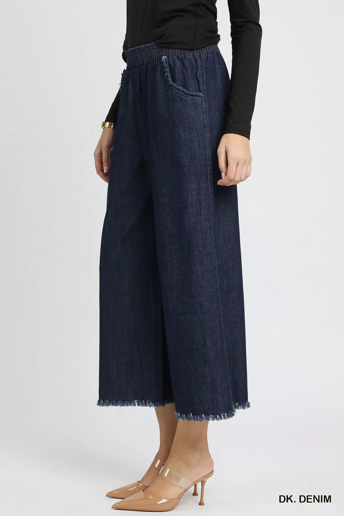 Umgee Washed Fringe Hem Wide Leg Jeans
