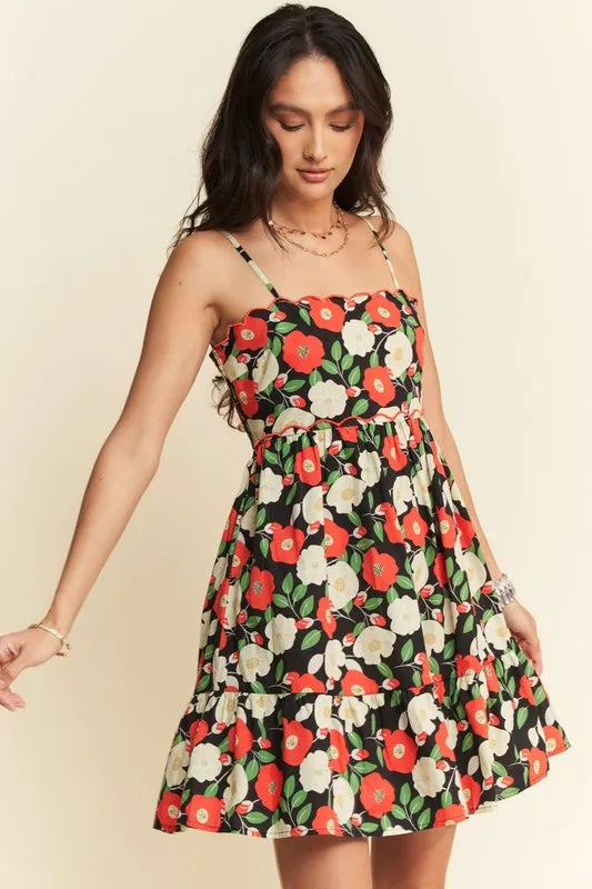 Davi & Dani Floral Scalloped Cutout Back Mini Dress