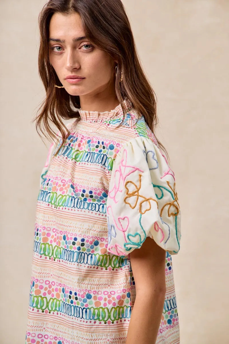 BiBi Ruffle Neckline Blouse With Embroidery Bubble Sleeve