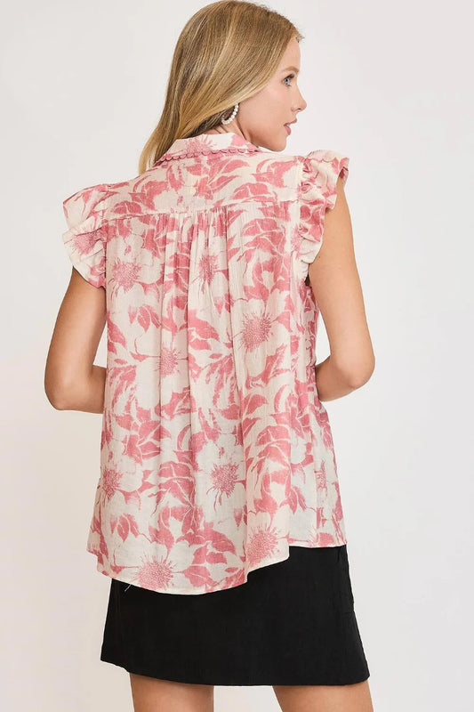 Umgee Full Size Botanical Print Babydoll Top Plus Size