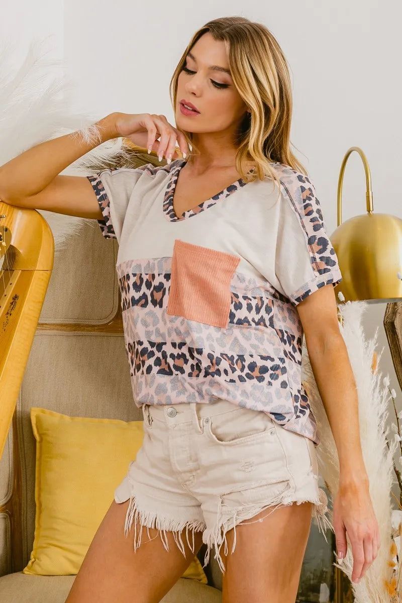 BiBi Leopard Stripe with Slub Terry Color Block T-Shirt