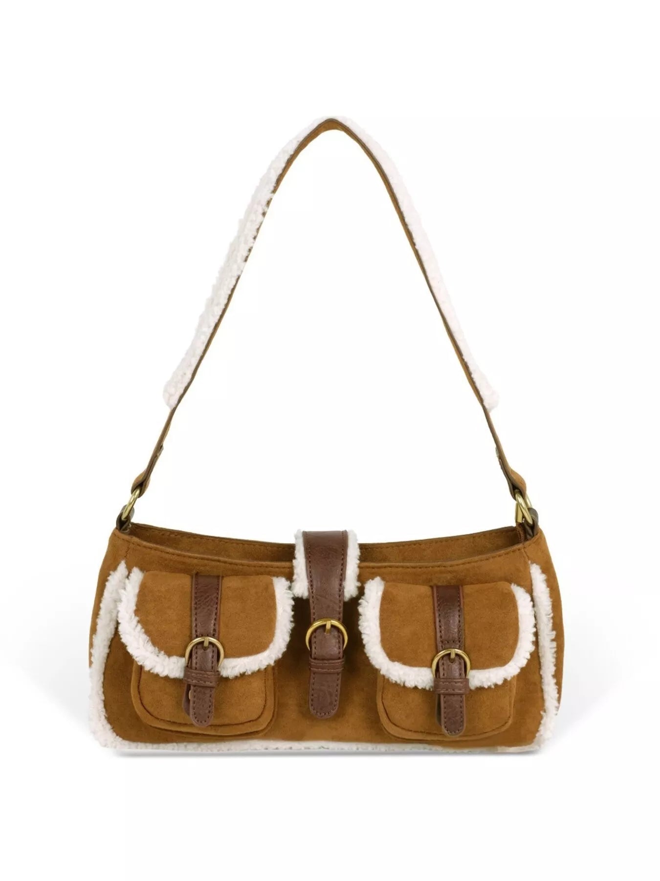 Vintage Suede Shoulder Bag with Plush Trim
