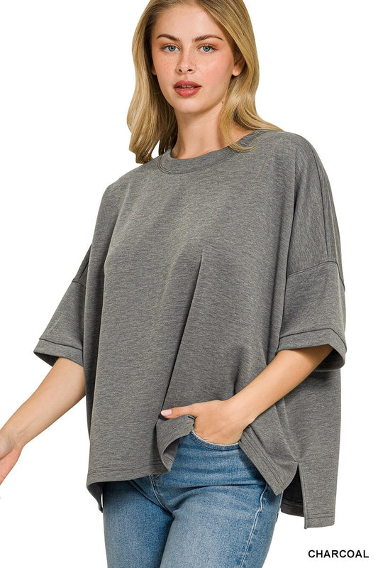 Zenana Full Size Scuba Round Neck Top With Side Slits Plus Size