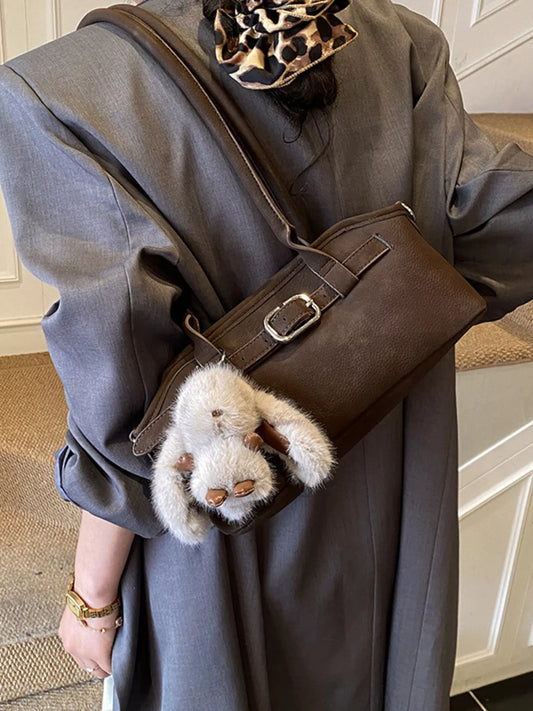 Vintage Buckle Decor Shoulder Bag with Plush Charm