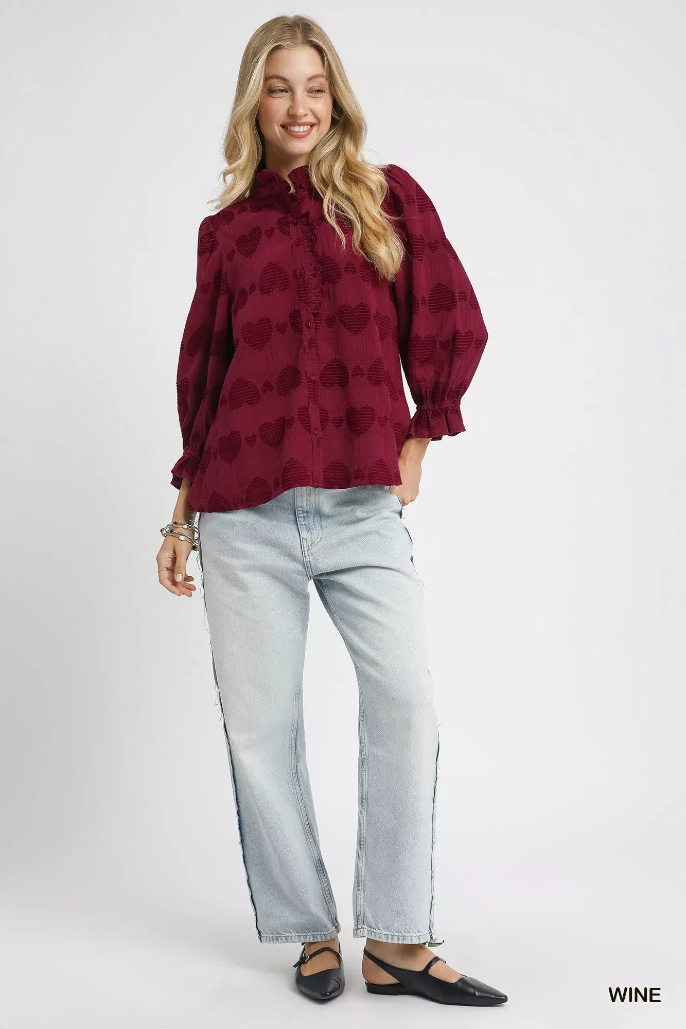 Umgee Heart Jacquard Ruffle Trim Shirt