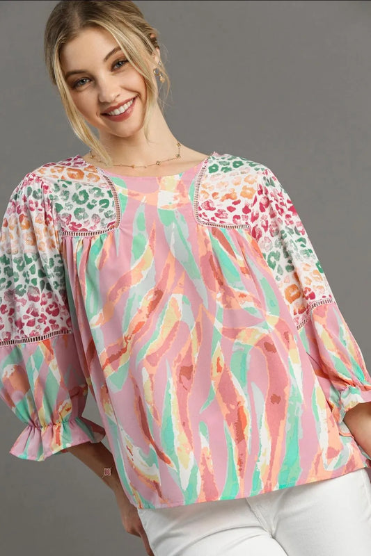 Umgee Full Size Mixed Print Lace Trim Top Plus Size