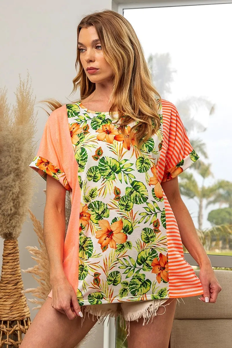BiBi Floral W Stripe Color Block Dolman Sleeves Top