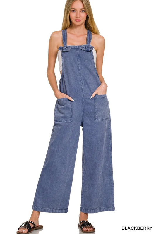 Zenana Washed Knot Strap Pockets Jumpsuit