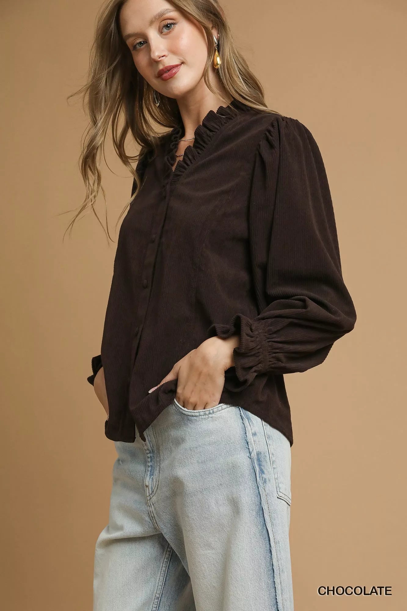 Umgee Corduroy Ruffle Shirt with Long Puff Sleeves