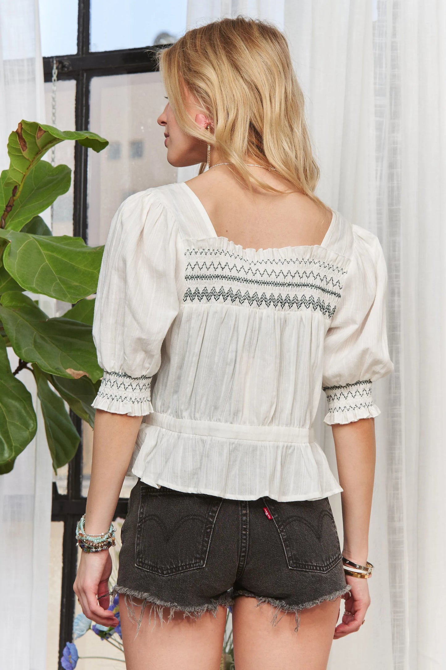 ADORA Smocked Puff Sleeve Peasant Blouse