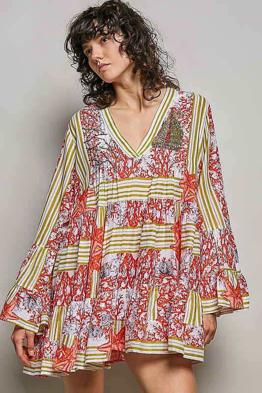 POL Striped Floral Long Sleeve Mini Dress with Pintuck Detail