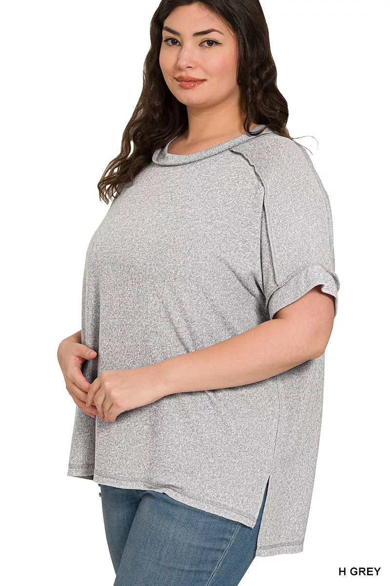 Zenana Full Size Soft Melange Hacci Short Sleeve Hi-low Tee Plus Size