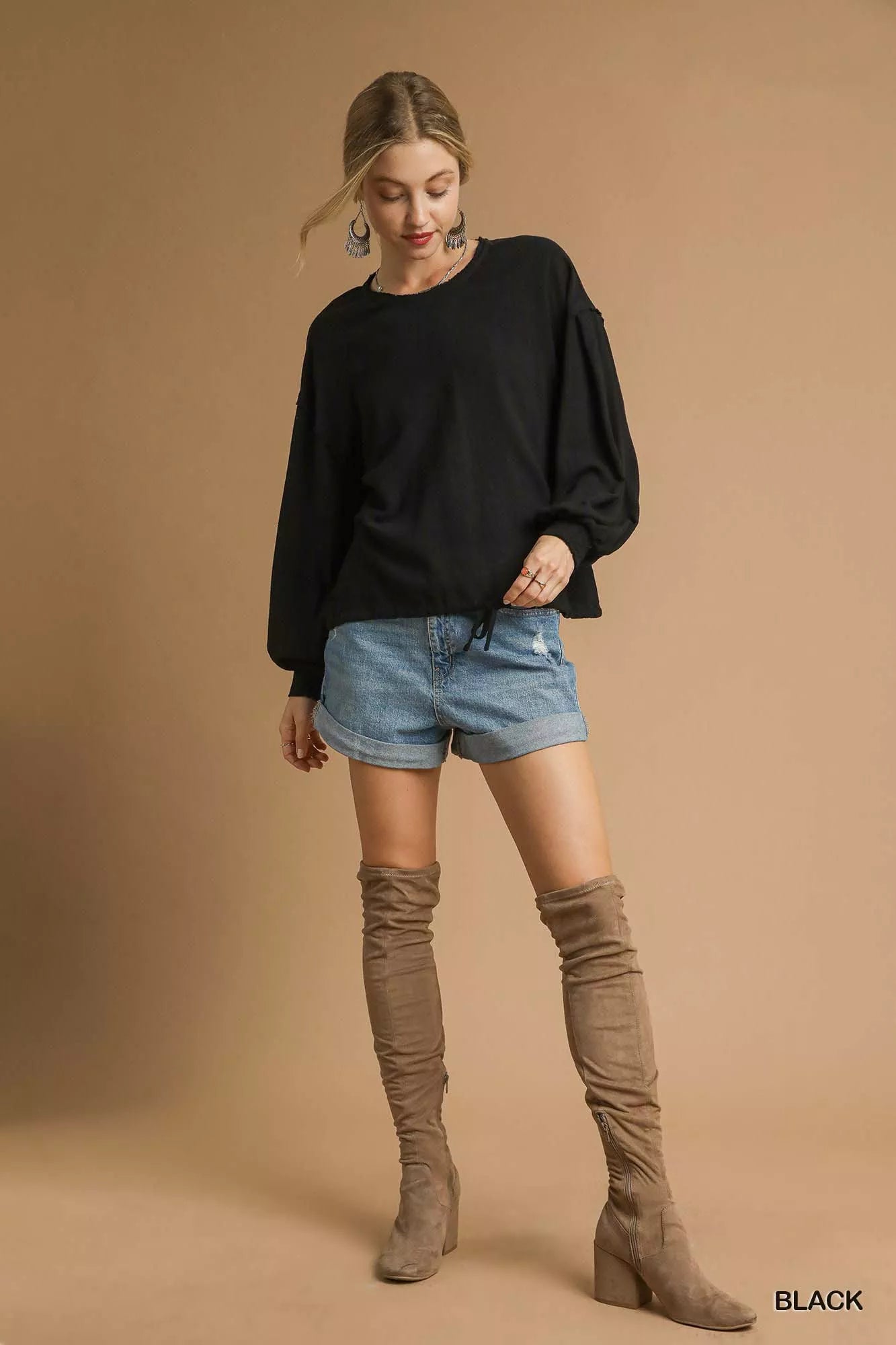 Umgee Full Size Linen Long Sleeve Top with Drawstring Plus Size