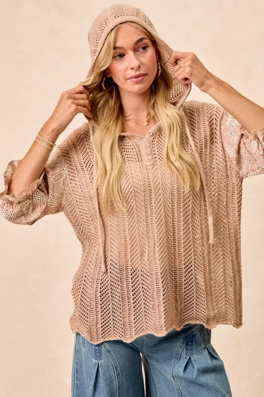 BiBi Jacquard Flower Puff Sleeve Hooded Knit Top