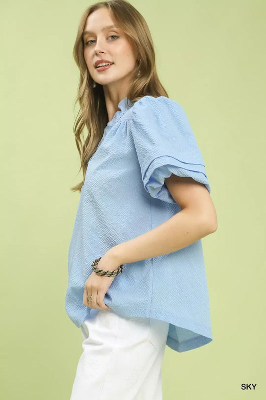 Umgee Textured Scallop Trim Puff Sleeve Blouse