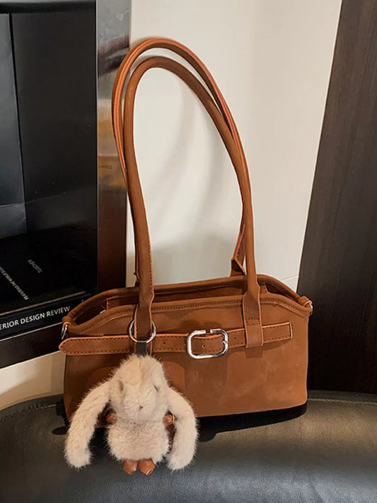 Vintage Buckle Decor Shoulder Bag with Plush Charm