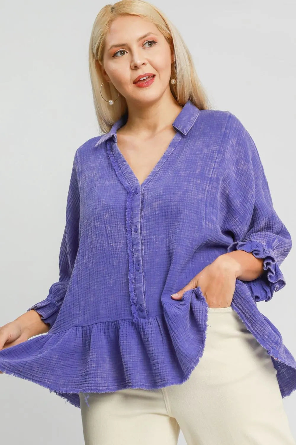 Umgee Plus Size Size Mineral Washed Cotton Gauze Top