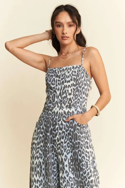 Davi & Dani Leopard Spaghetti Straps Wide Leg Jumpsuit