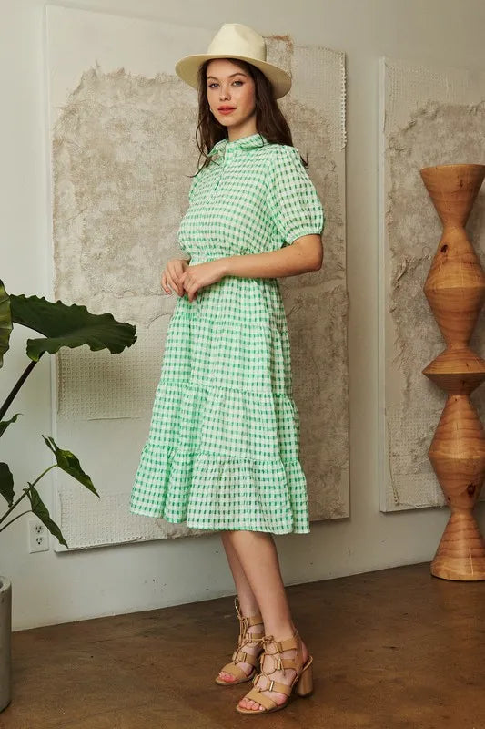 Davi & Dani Checkered Puff Sleeve Tiered Shirt Dress