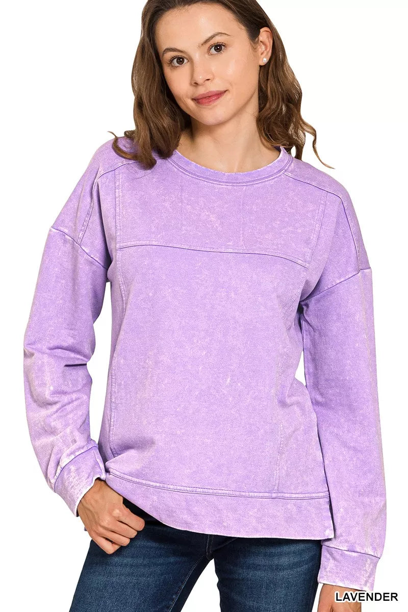 Zenana Acid Wash French Terry Exposed-Seam Pullover