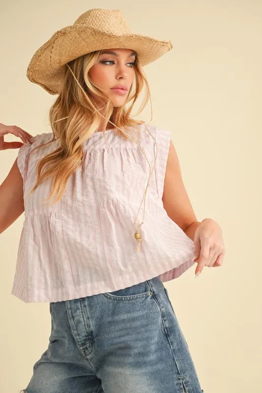 Aemi+Co Ruched Striped Round Neck Sleeveless Top