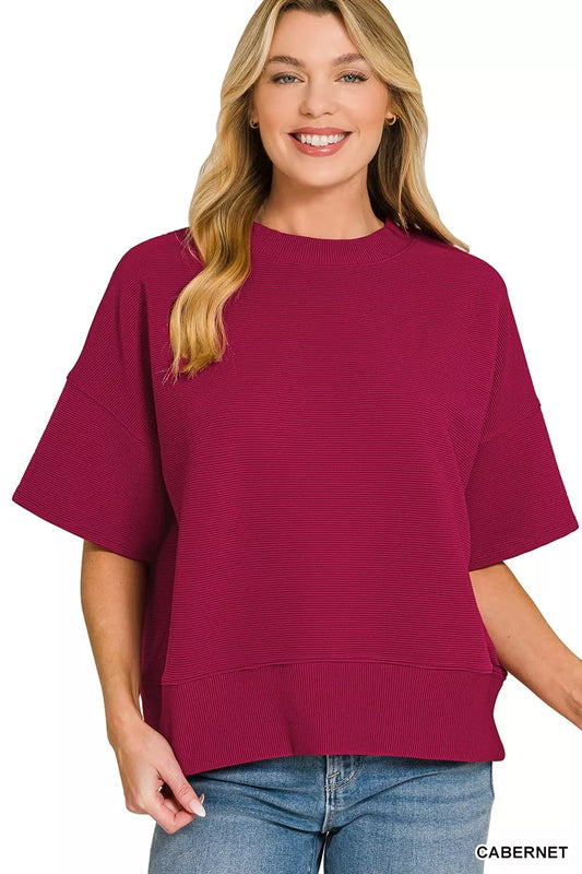 Zenana Ribbed Round Neck Waist Banded T-Shirt