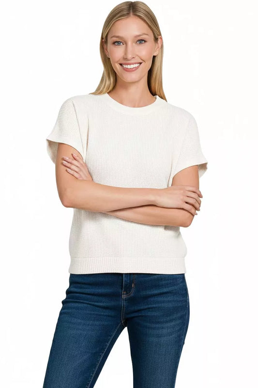 Zenana Round Neck Banded Botton Short Sleeve Sweater